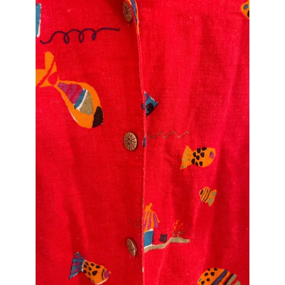 Vintage Linen Blend Fish Button Down Shirt Grandpacore Eclectic Eccentric‎